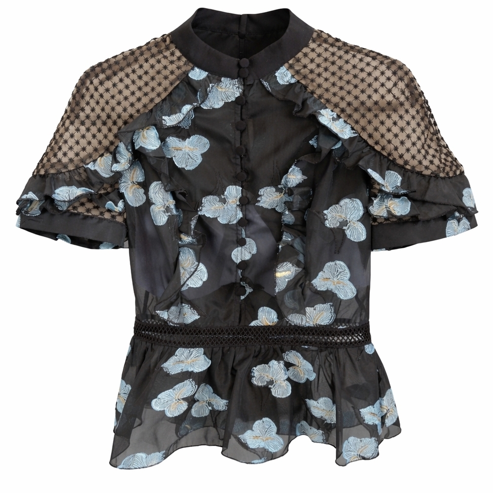 Self-Portrait Black Mesh Top with Blue Floral Embroidery